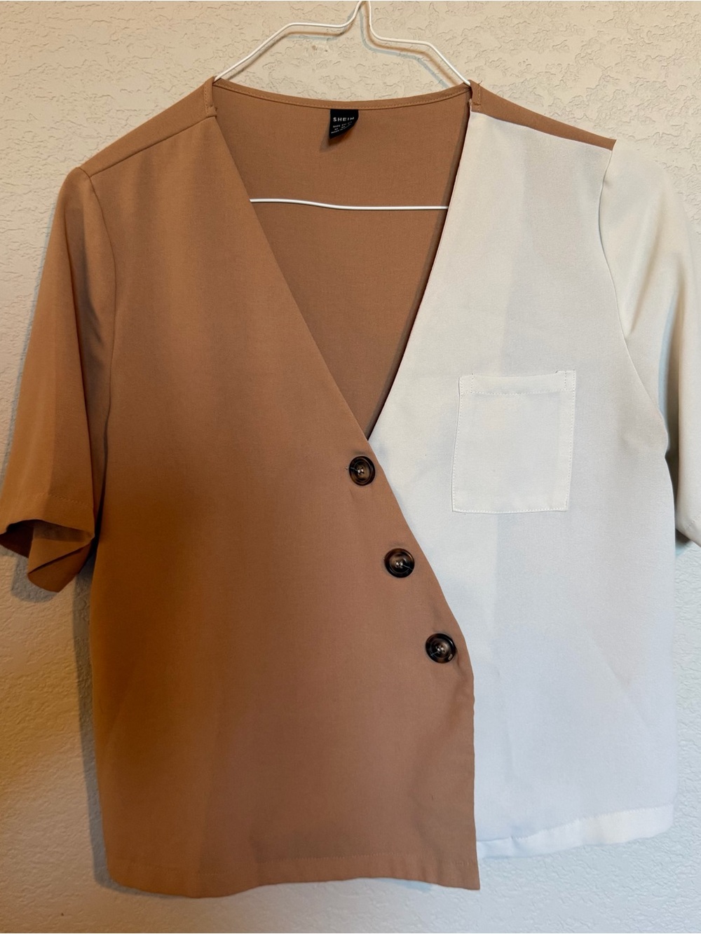 SHEIN Brown and Cream Two-Tone Asymmetrical Button-Front Shirt